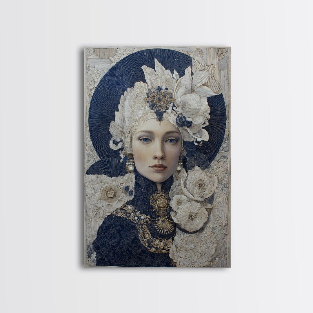 Ornate Portrait with Layered Textiles and Jewels Framed Canvas Print, Maximalist Art, Modern Decor, Living Room Decor, Maximal, MAX-2x3-84