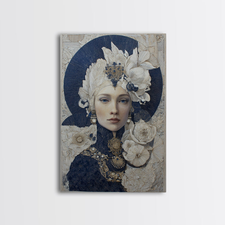 Ornate Portrait with Layered Textiles and Jewels Framed Canvas Print, Maximalist Art, Modern Decor, Living Room Decor, Maximal, MAX-2x3-84