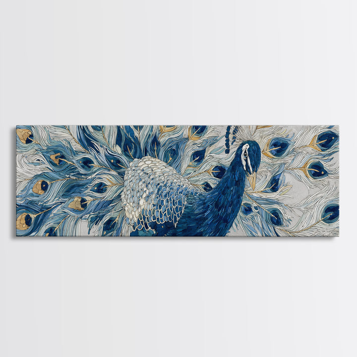 Dramatic Peacock with Oversized Feather Pattern Canvas Print, Maximalist Art, Moody Wall Art, Living Room Decor, Maximal, MAX-3x1-24