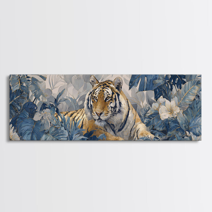 Bold Patterned Tiger Surrounded by Tropical Leaves Canvas Print, Maximalist Art, Playroom Decor, Living Room Decor, Maximal, MAX-3x1-90
