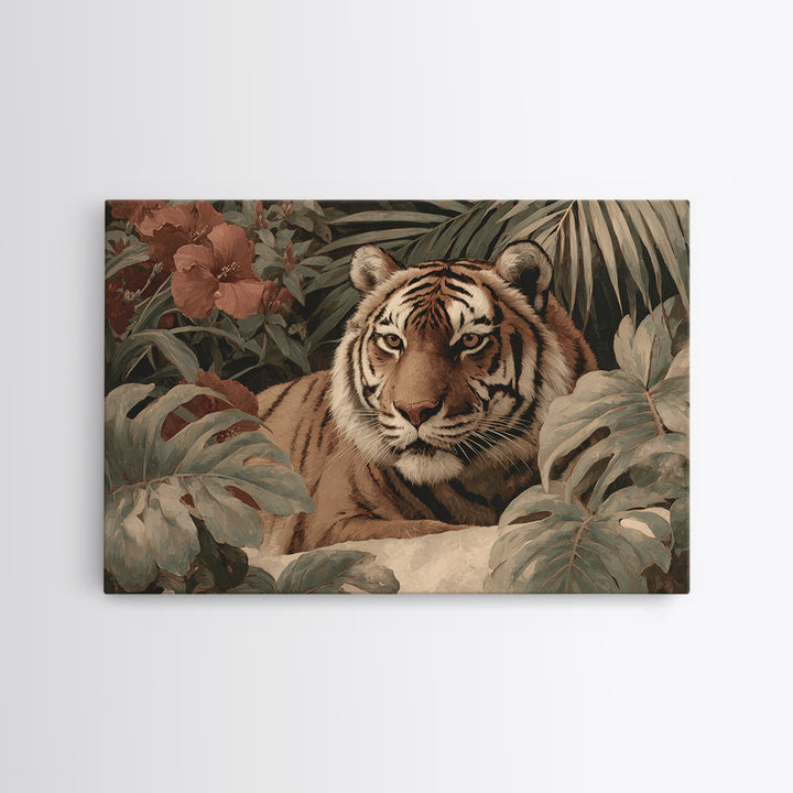 Bold Patterned Tiger Surrounded by Tropical Leaves Canvas Print, Maximalist Art, Modern Wall Art, Living Room Decor, Maximal, MAX-3x2-30