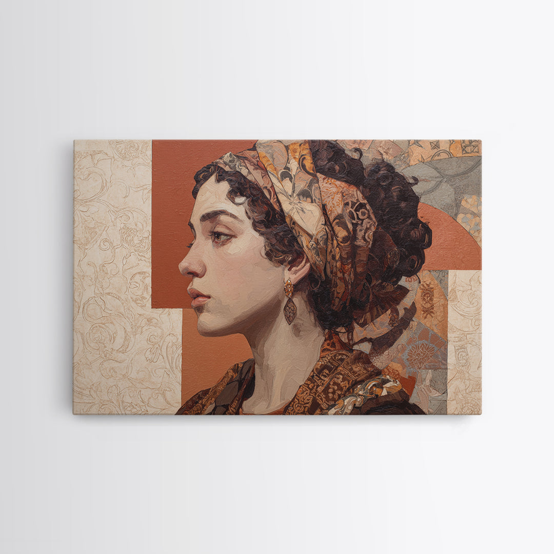 Ornate Portrait with Layered Textiles and Jewels Canvas Print, Maximalist Art, Unique Wall Art, Living Room Decor, Maximal, MAX-3x2-8