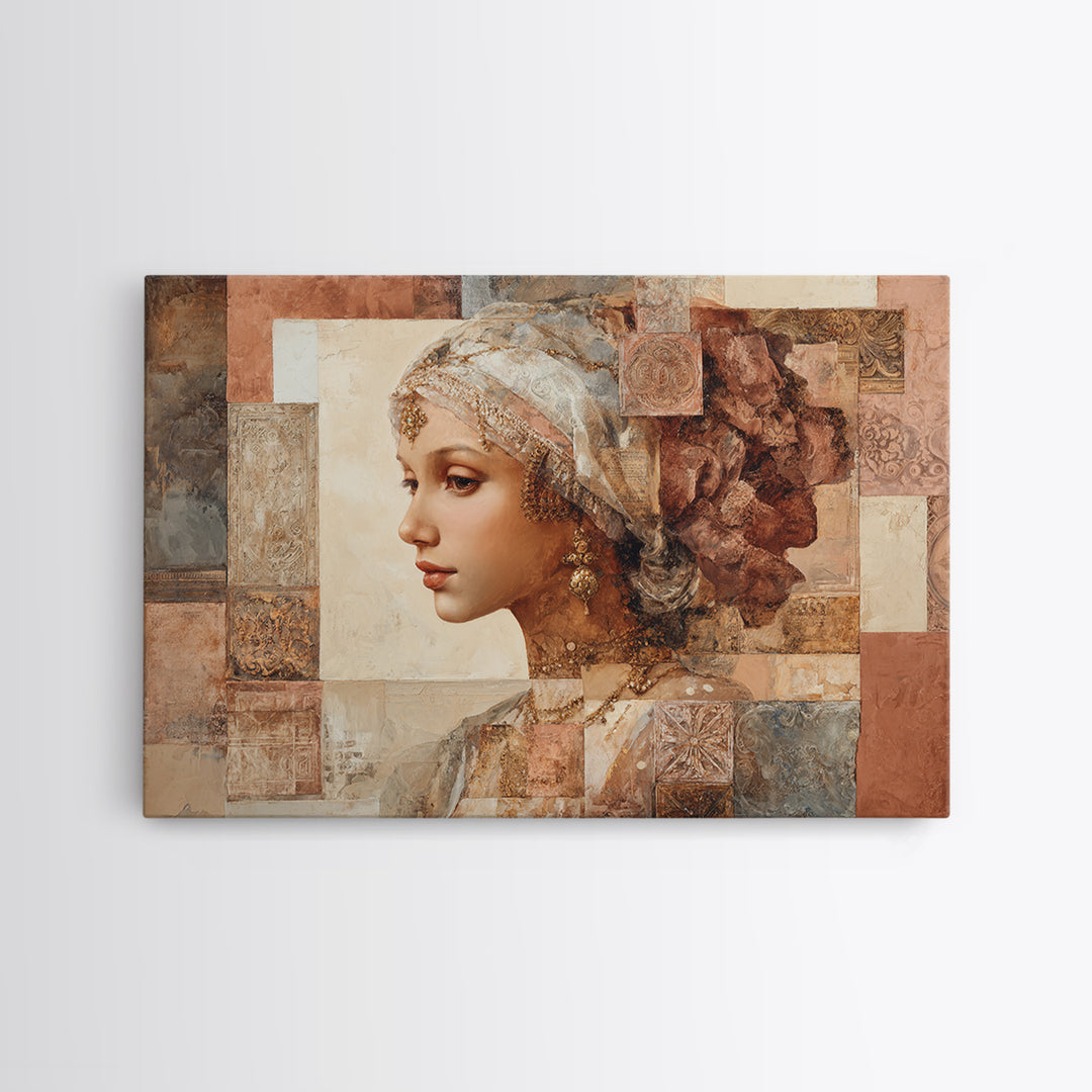 Ornate Portrait with Layered Textiles and Jewels Framed Canvas Print, Maximalist Art, Home Decor, Living Room Decor, Maximal, MAX-3x2-80