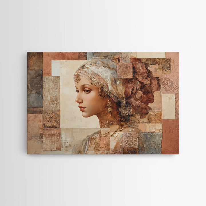 Ornate Portrait with Layered Textiles and Jewels Framed Canvas Print, Maximalist Art, Home Decor, Living Room Decor, Maximal, MAX-3x2-80