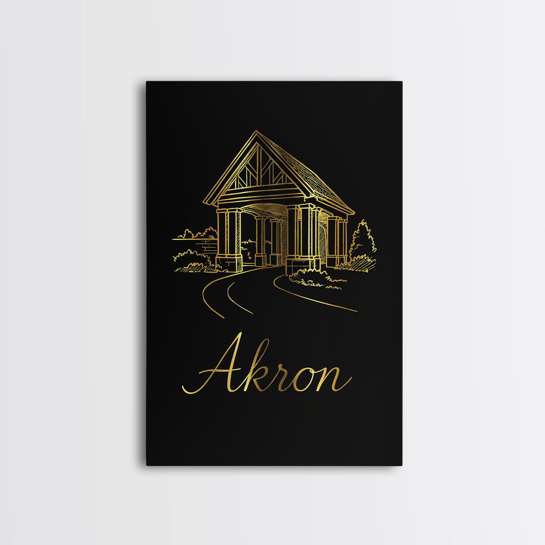 Akron Travel Poster, Framed Canvas Print, Minimalist Gold Line Art, Akron Travel Art, Travel Art Print, Retro Travel Print, Fine Art Print