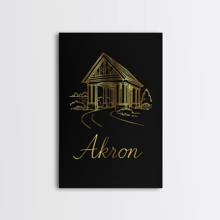 Akron Travel Poster, Framed Canvas Print, Minimalist Gold Line Art, Akron Travel Art, Travel Art Print, Retro Travel Print, Fine Art Print