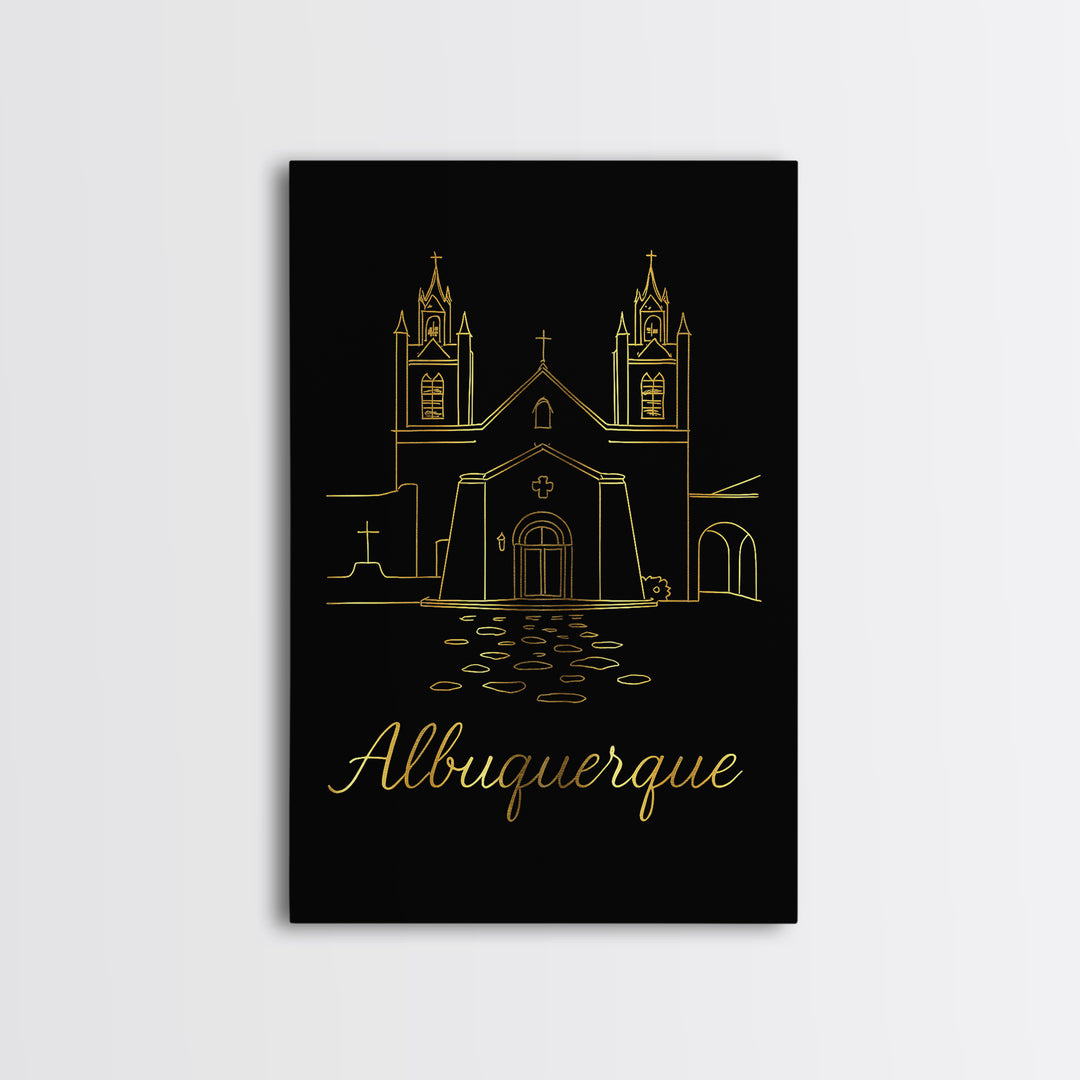 Albuquerque Travel Poster, Framed Canvas Print, Gold Outline Poster Art, Albuquerque Travel Art, Travel Wall Art, Wanderlust Decor