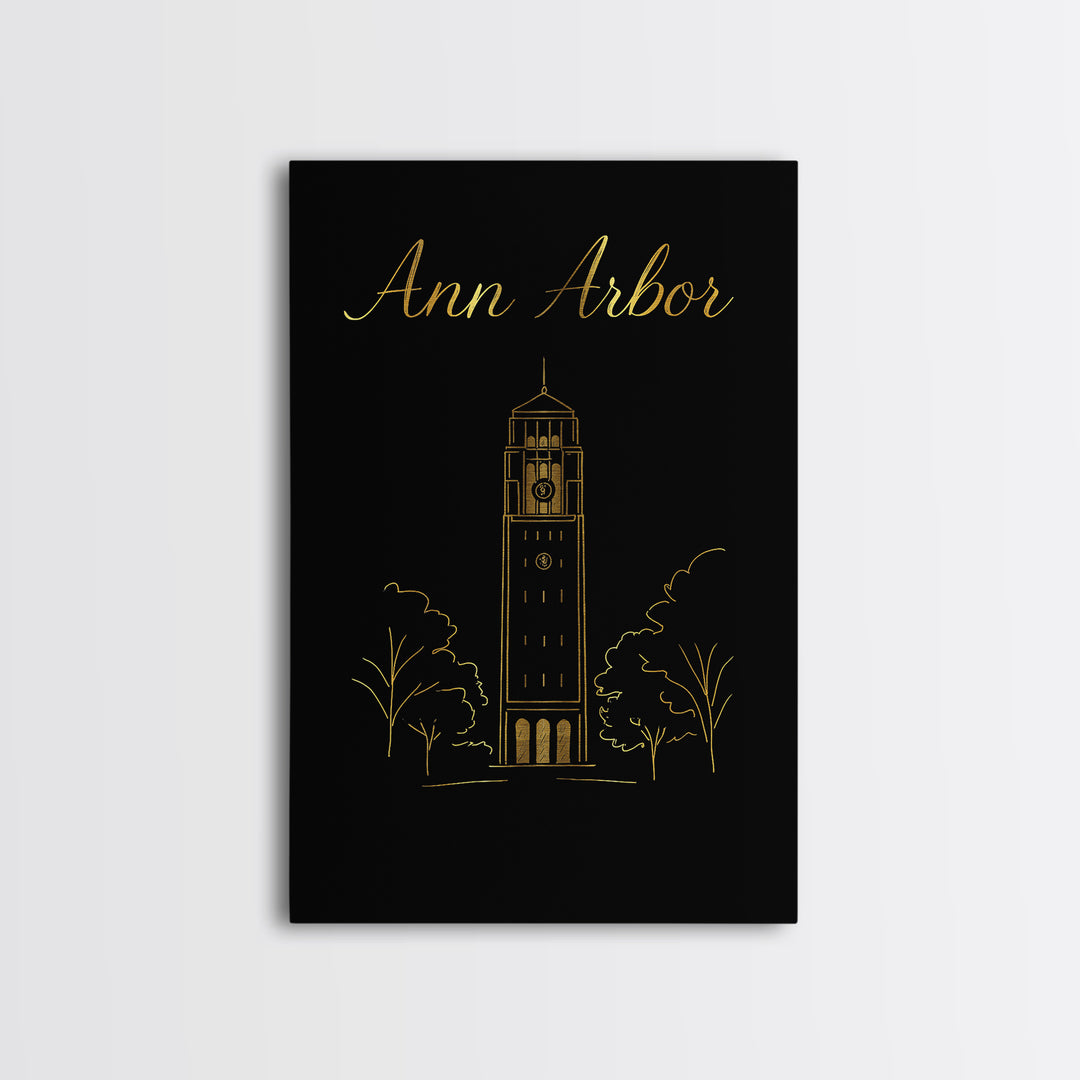 Ann Arbor Michigan Travel Poster, Canvas Print, Minimalist Gold Line Art, Ann Arbor Art Print, Art Print, Wall Decor, City Travel Prints