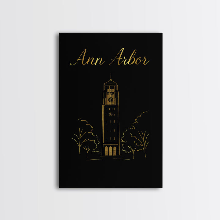 Ann Arbor Michigan Travel Poster, Canvas Print, Minimalist Gold Line Art, Ann Arbor Art Print, Art Print, Wall Decor, City Travel Prints