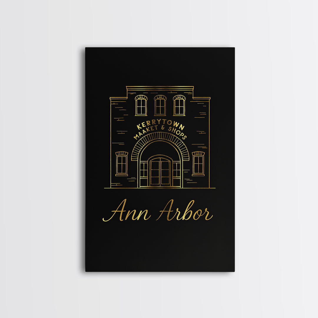 Ann Arbor Travel Poster, Framed Canvas Print, Minimalist Gold Line Art, Ann Arbor Wall Art, Retro Travel Print, Travel Wall Decor