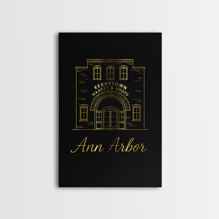 Ann Arbor Travel Poster, Framed Canvas Print, Minimalist Gold Line Art, Ann Arbor Wall Art, Retro Travel Print, Travel Wall Decor