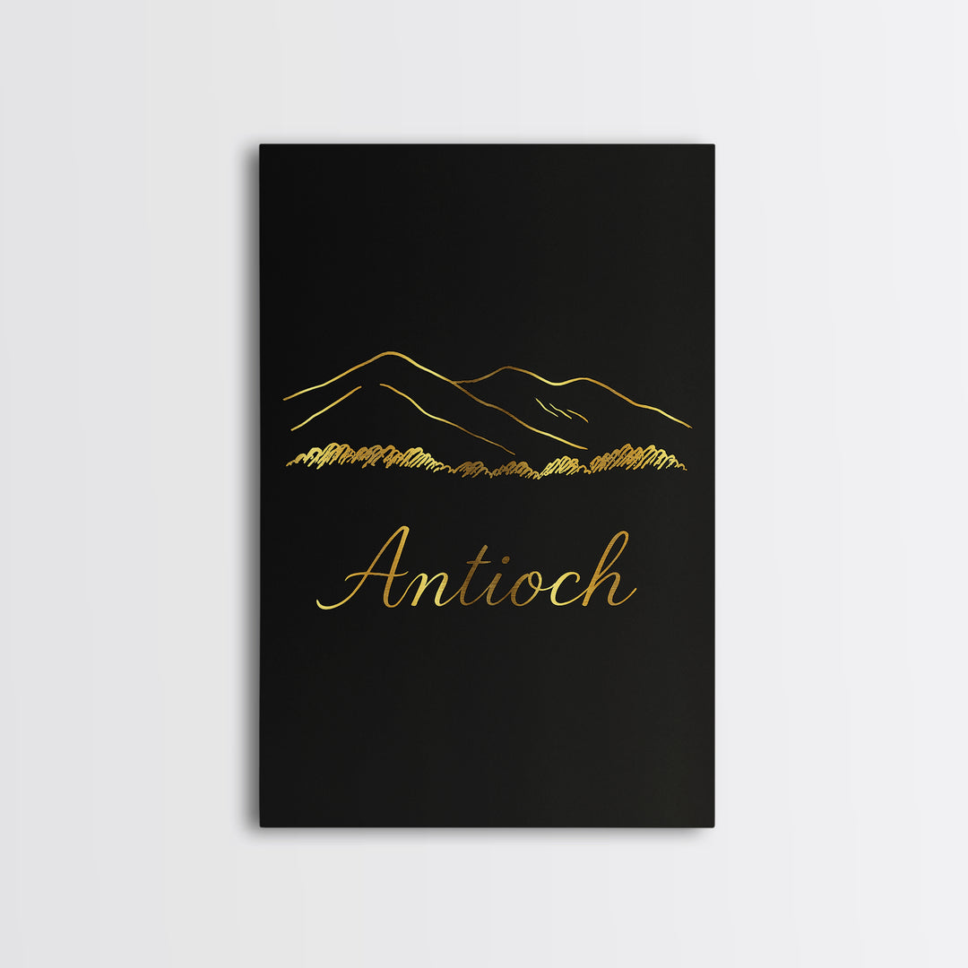 Antioch Travel Poster, Framed Canvas Print, Minimalist Gold Line Art, Antioch Travel Art, Watercolor Cityscape, Travel Poster Art