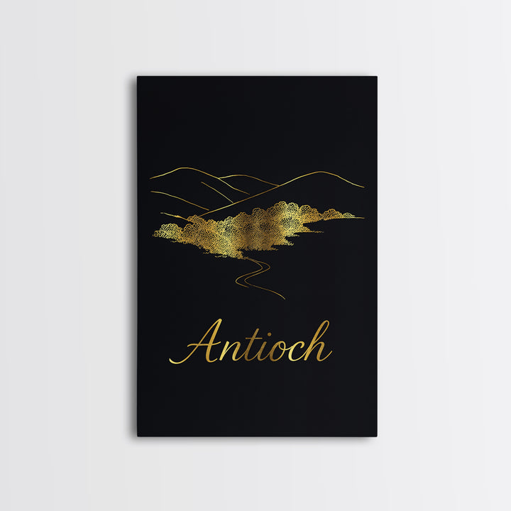 Antioch Travel Poster, Framed Canvas Print, Minimalist Gold Line Art, Antioch Poster Print, Retro Travel Print, Vintage City Art