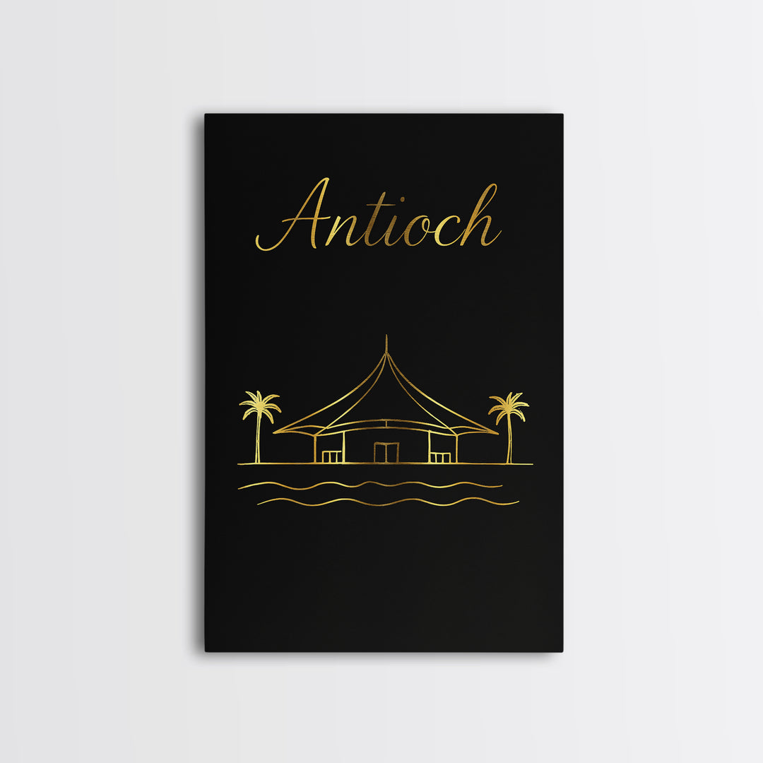 Antioch Travel Poster, Canvas Print, Gold Outline Poster Art, Antioch Travel Art, Watercolor Urban Skyline, Mid Century Wall Art, Home Decor