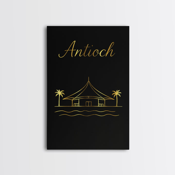 Antioch Travel Poster, Canvas Print, Gold Outline Poster Art, Antioch Travel Art, Watercolor Urban Skyline, Mid Century Wall Art, Home Decor