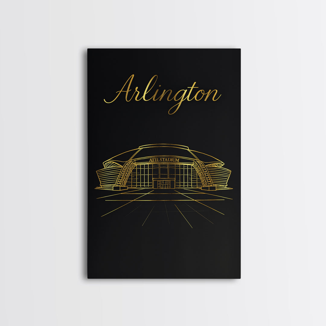 Arlington Texas Travel Poster, Framed Canvas Print, Minimalist Gold Line Art, Arlington Poster Print, Gift For Travelers, Retro Travel Print