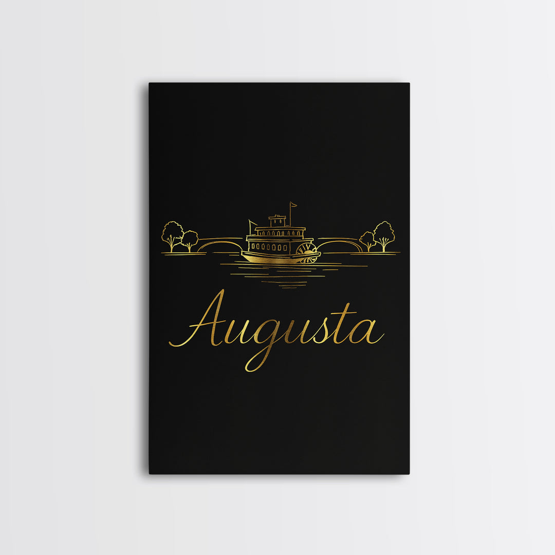 Augusta Travel Poster, Canvas Print, Gold Outline Poster Art, Augusta Travel Art, Retro Travel Print, City Art, Watercolor Skyline Art