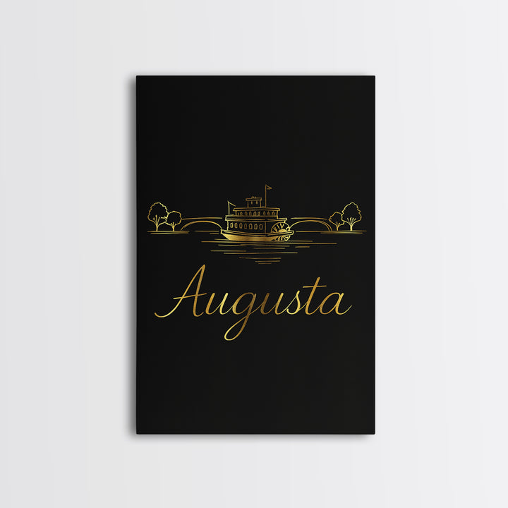 Augusta Travel Poster, Canvas Print, Gold Outline Poster Art, Augusta Travel Art, Retro Travel Print, City Art, Watercolor Skyline Art