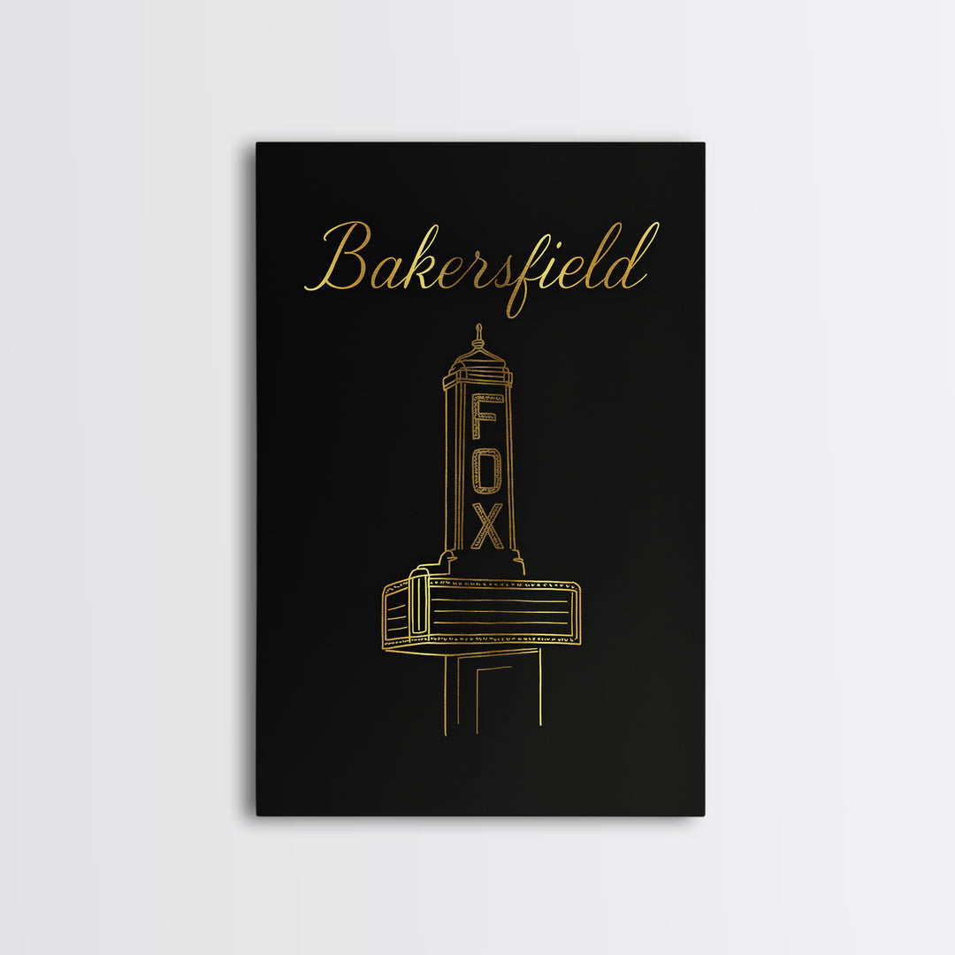 Bakersfield California Travel Poster, Canvas Print, Minimalist Gold Line Art, Bakersfield Travel Art, Watercolor Downtown Skyline