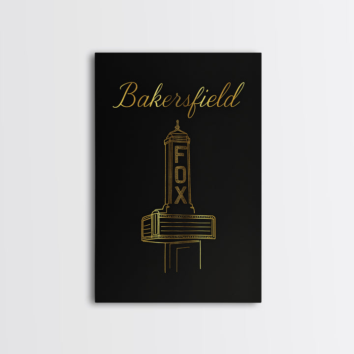 Bakersfield California Travel Poster, Canvas Print, Minimalist Gold Line Art, Bakersfield Travel Art, Watercolor Downtown Skyline