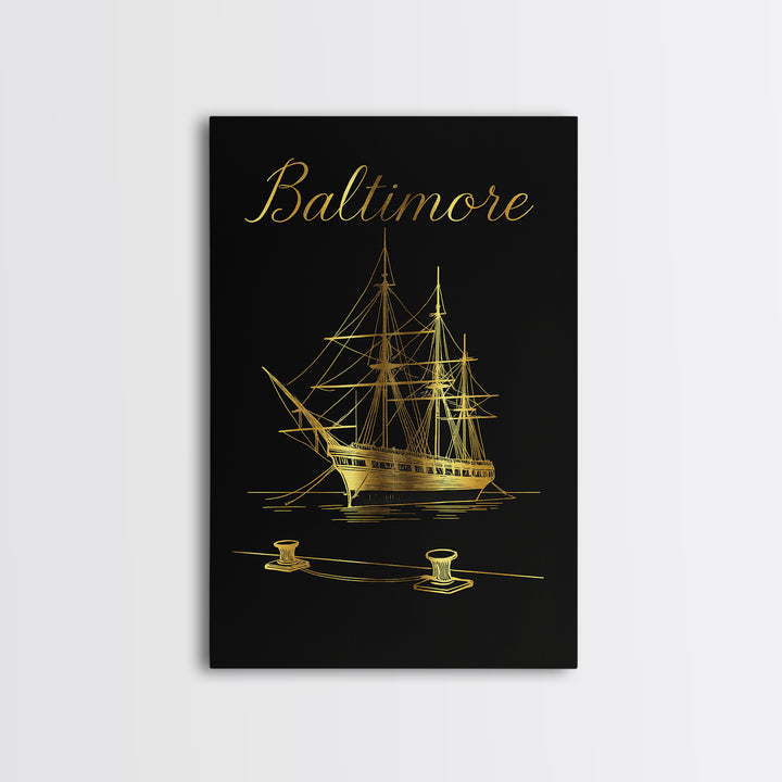 Baltimore Travel Poster, Canvas Print, Black Gold Minimalist Art, Baltimore Travel Art, Living Room Wall Art, Retro Travel Print