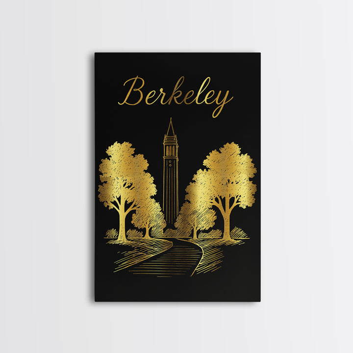 Berkeley Travel Poster, Framed Canvas Print, Minimalist Gold Line Art, Berkeley Wall Art, Watercolor Skyline, Living Room Wall Art