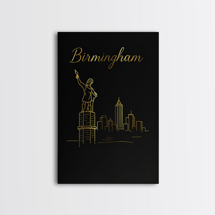 Birmingham Alabama Travel Poster, Canvas Print, Black Gold Minimalist Art, Birmingham Wall Art, Vintage Travel Art, Living Room Wall Art