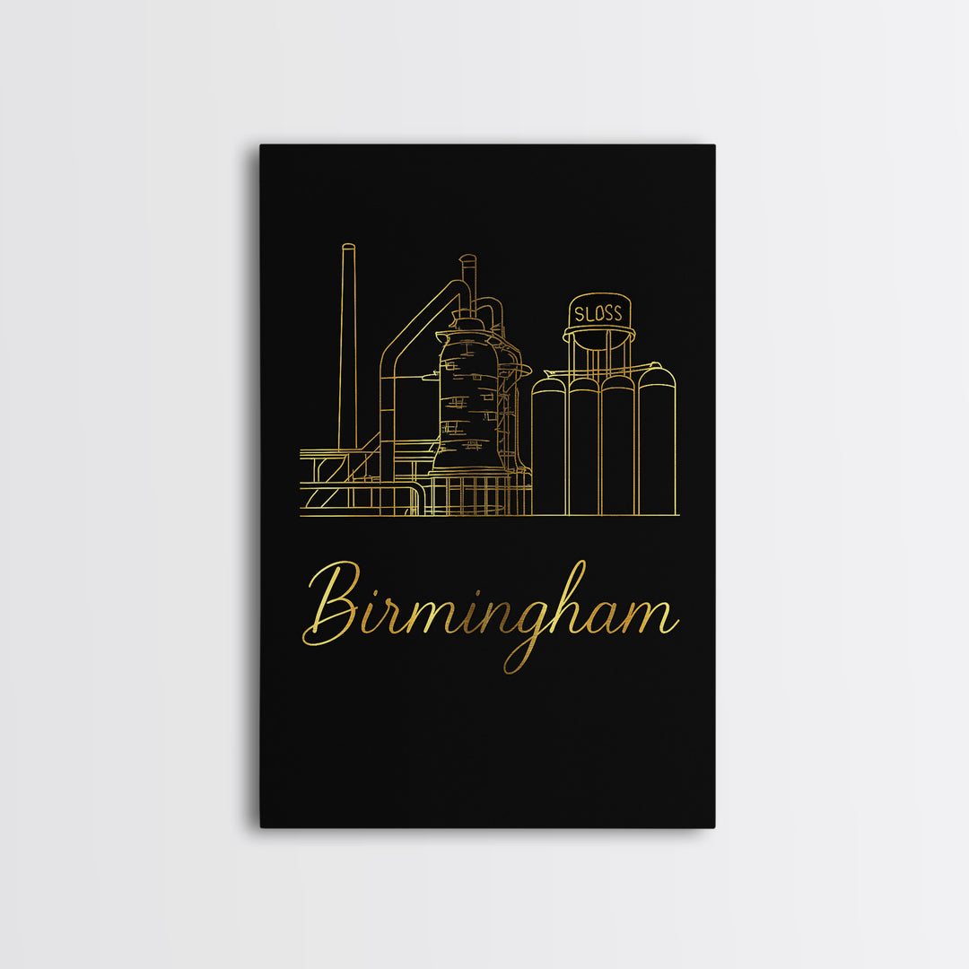 Birmingham Travel Poster, Canvas Print, Minimalist Gold Line Art, Birmingham Travel Art, Fine Art Print, Travel Art Print, City Art Print