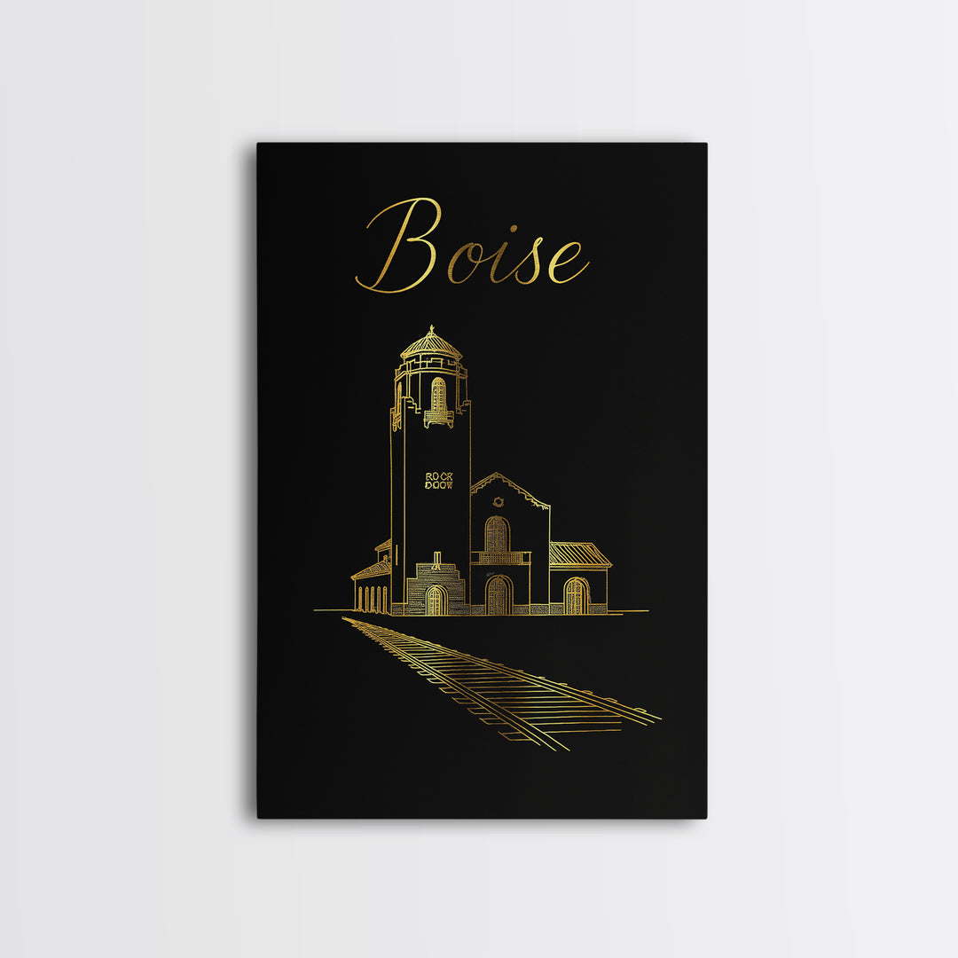 Boise Travel Poster, Canvas Print, Gold Outline Poster Art, Boise Poster Print, City Travel Prints, Travel Wall Art, City Illustration