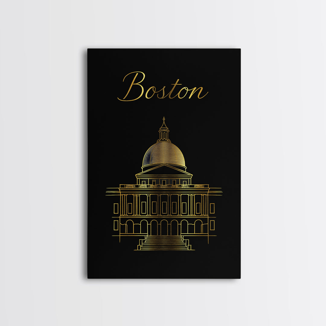 Boston Massachusetts Travel Poster, Canvas Print, Minimalist Gold Line Art, Boston City Art, Fine Art Print, Wall Art, Travel Gift