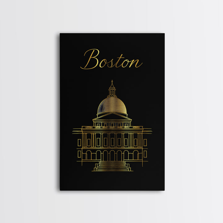 Boston Massachusetts Travel Poster, Canvas Print, Minimalist Gold Line Art, Boston City Art, Fine Art Print, Wall Art, Travel Gift