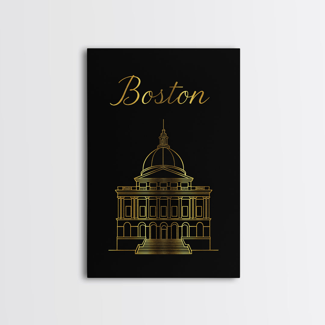 Boston Travel Poster, Canvas Print, Dark Minimalist Wall Art, Boston Art Print, City Illustration, Mid Century Wall Art, Gift For Travelers