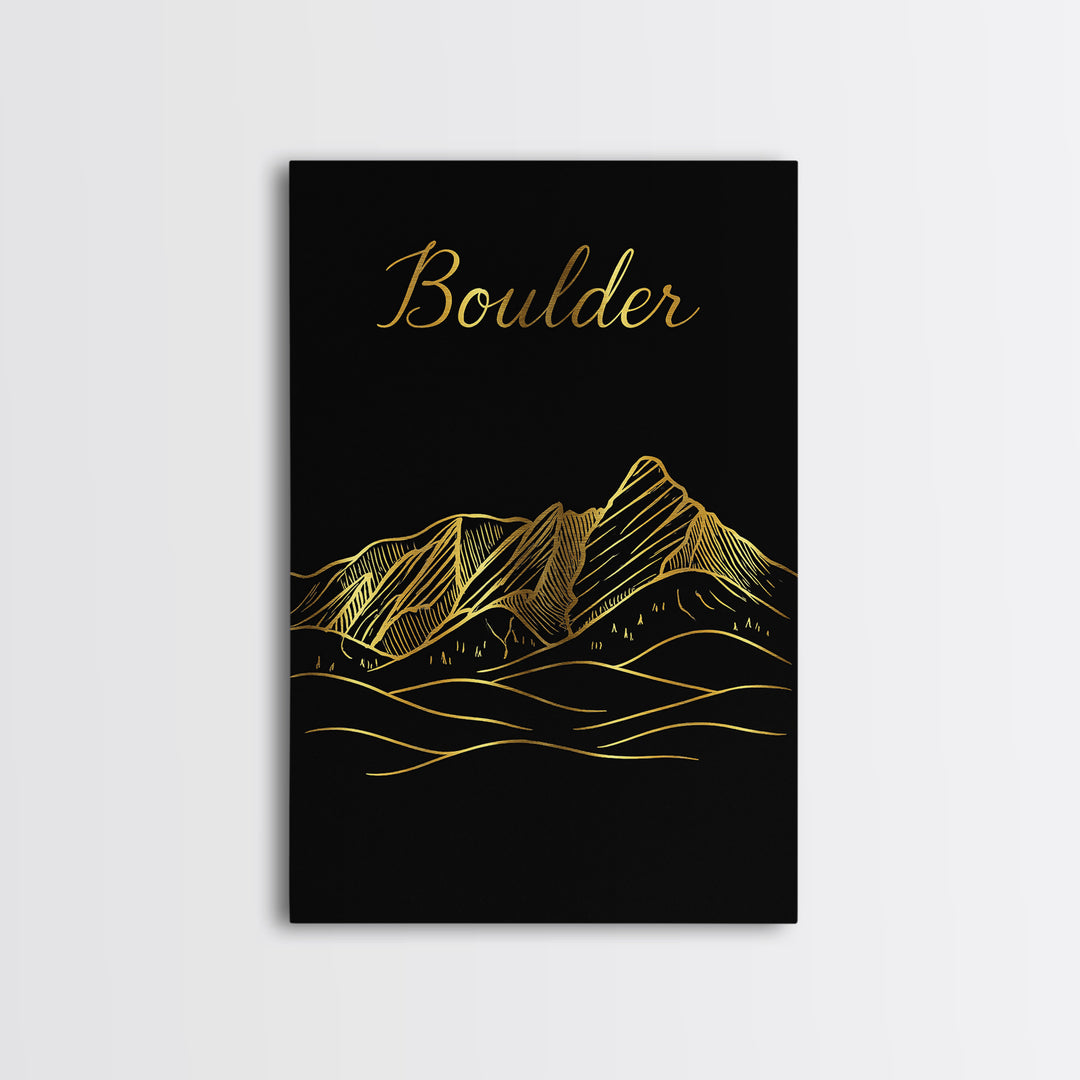 Boulder Travel Poster, Canvas Print, Gold Outline Poster Art, Boulder Art Print, Travel Wall Decor, Home Office Decor, Eclectic Wall Decor
