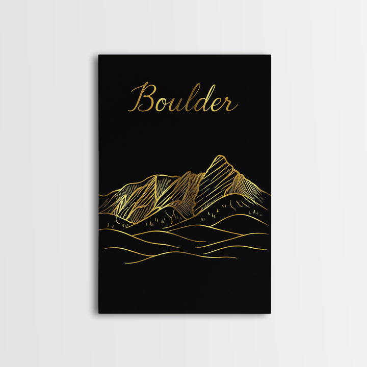 Boulder Travel Poster, Canvas Print, Gold Outline Poster Art, Boulder Art Print, Travel Wall Decor, Home Office Decor, Eclectic Wall Decor
