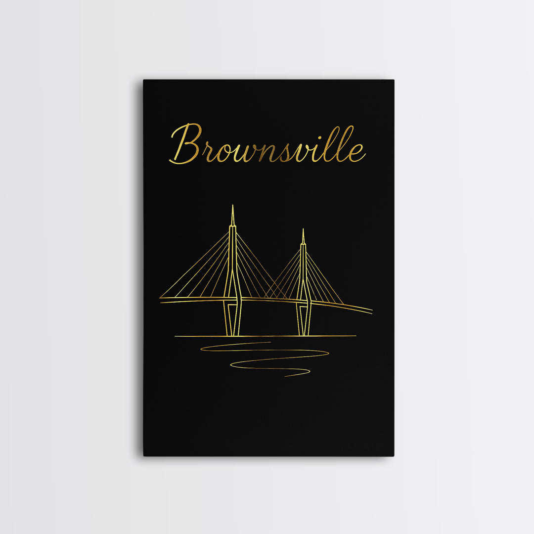 Brownsville Texas Travel Poster, Framed Canvas Print, Gold Outline Poster Art, Brownsville Poster Print, Eclectic Wall Decor, Fine Art Print