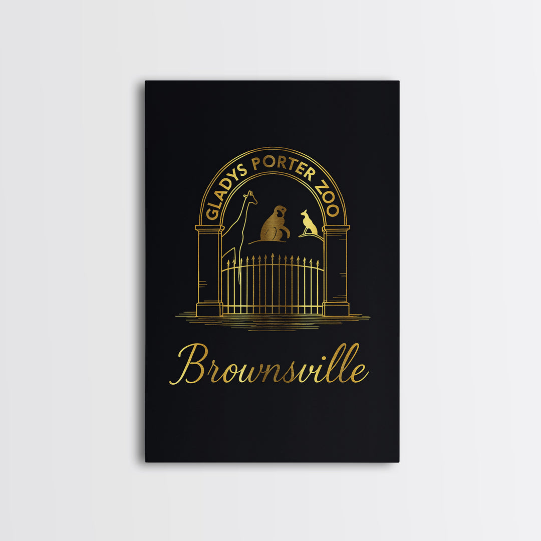 Brownsville Travel Poster, Framed Canvas Print, Minimalist Gold Line Art, Brownsville Poster Print, Watercolor Skyline, Gift For Travelers