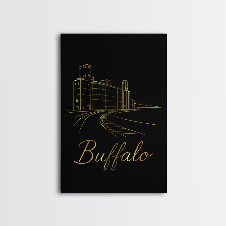 Buffalo Travel Poster, Framed Canvas Print, Gold Outline Poster Art, Buffalo City Art, Mid Century Wall Art, Travel Poster Set