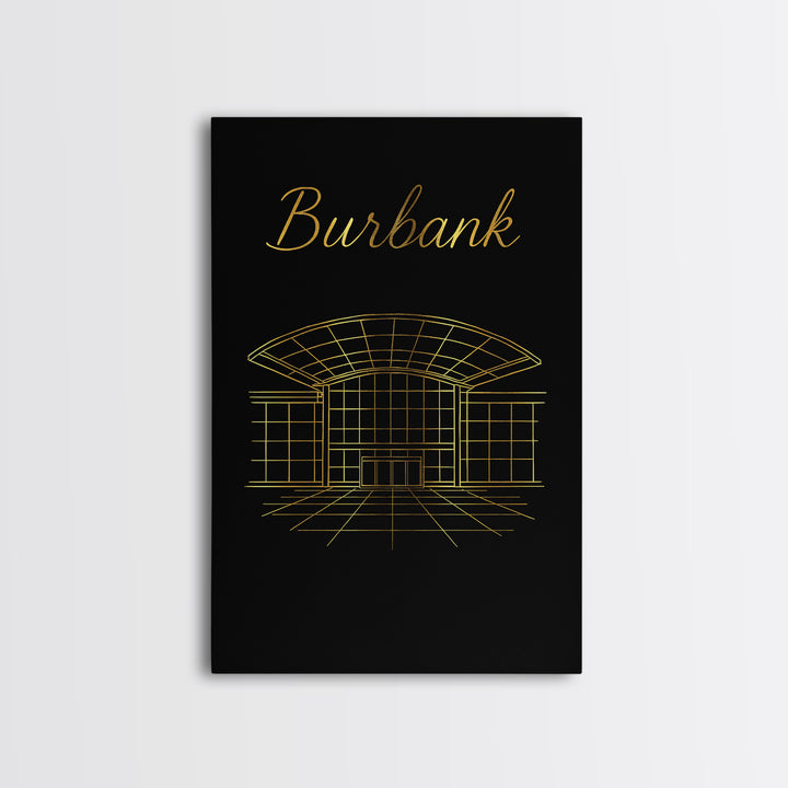 Burbank California Travel Poster, Framed Canvas Print, Gold Outline Poster Art, Burbank Poster Print, Travel Wall Art, Living Room Wall Art