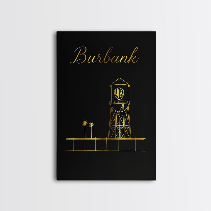 Burbank Travel Poster, Framed Canvas Print, Gold Outline Poster Art, Burbank Wall Art, Vintage City Poster, Retro Travel Print