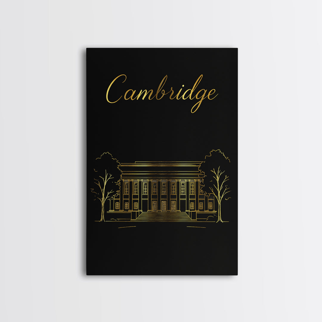 Cambridge Travel Poster, Framed Canvas Print, Black Gold Minimalist Art, Cambridge City Art, Retro Travel Print, Travel Wall Decor