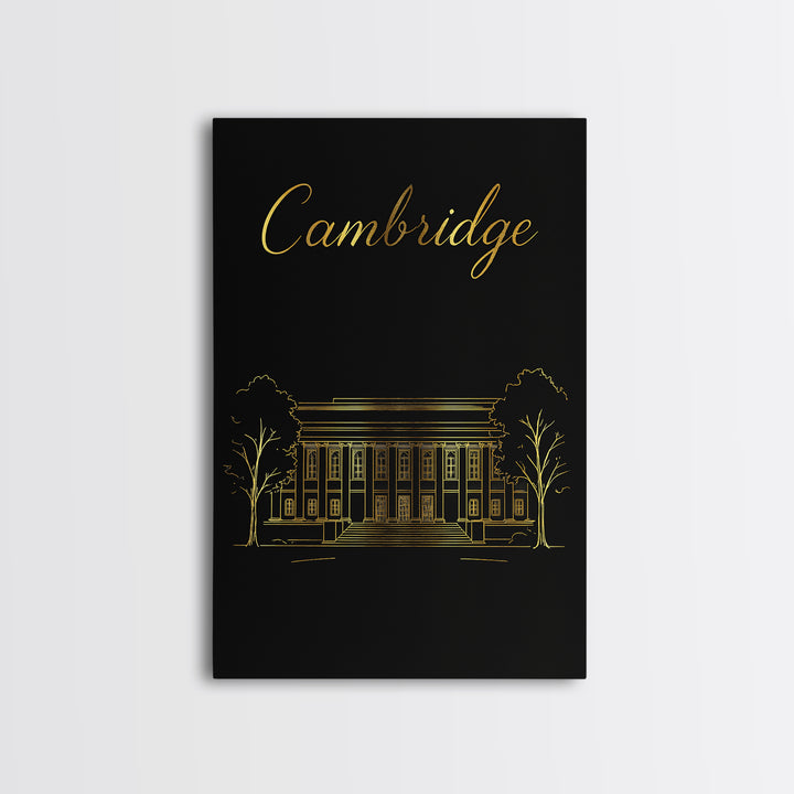 Cambridge Travel Poster, Framed Canvas Print, Black Gold Minimalist Art, Cambridge City Art, Retro Travel Print, Travel Wall Decor