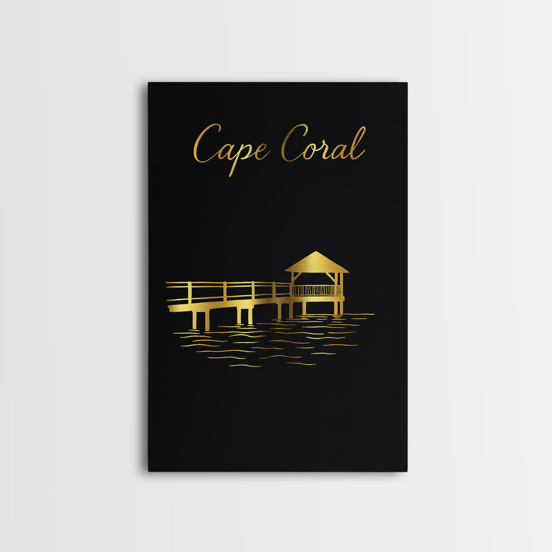 Cape Coral Florida Travel Poster, Canvas Print, Black Gold Minimalist Art, Cape Coral Poster Print, Mid Century Wall Art, Travel Wall Decor
