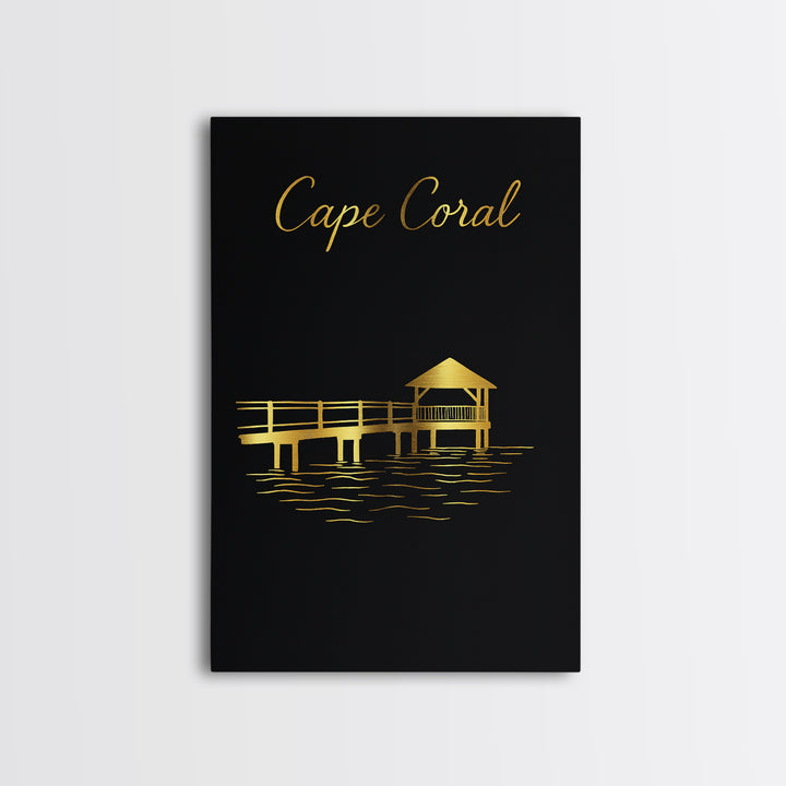 Cape Coral Florida Travel Poster, Canvas Print, Black Gold Minimalist Art, Cape Coral Poster Print, Mid Century Wall Art, Travel Wall Decor