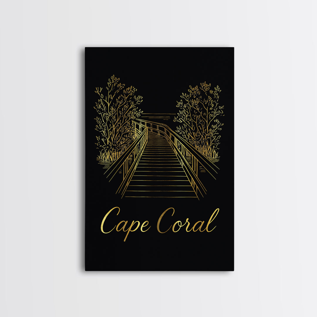 Cape Coral Travel Poster, Framed Canvas Print, Gold Outline Poster Art, Cape Coral Travel Art, Travel Wall Decor, Modern Wall Decor