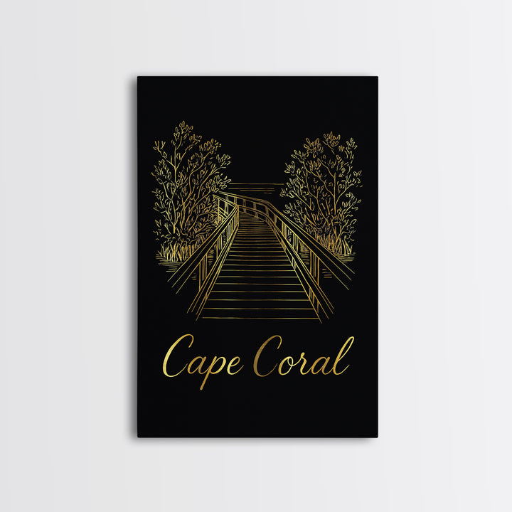 Cape Coral Travel Poster, Framed Canvas Print, Gold Outline Poster Art, Cape Coral Travel Art, Travel Wall Decor, Modern Wall Decor