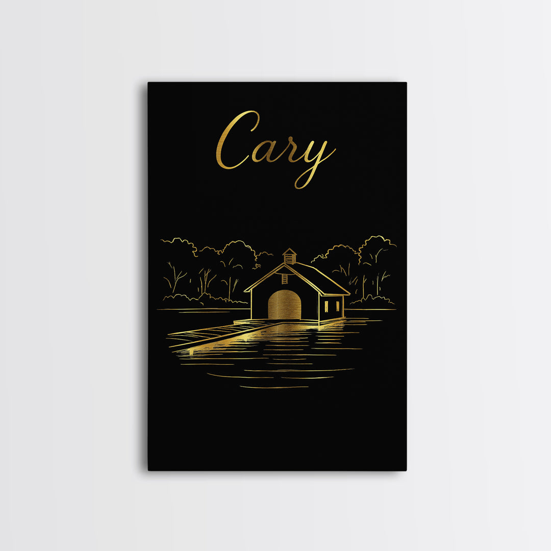 Cary North Carolina Travel Poster, Canvas Print, Gold Outline Poster Art, Cary Wall Art, Vintage City Poster, Skyline Art, Vintage City Art