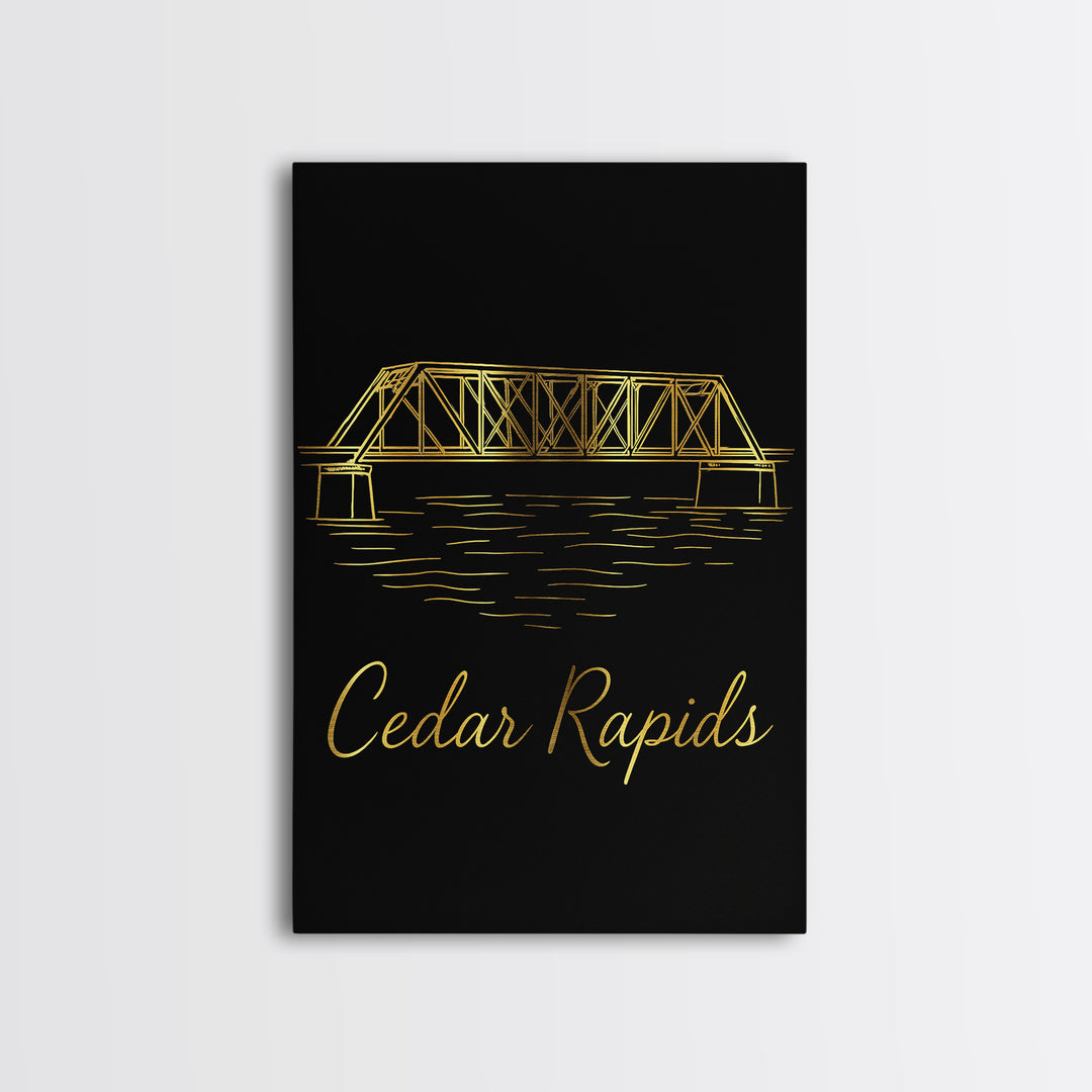 Cedar Rapids Iowa Travel Poster, Canvas Print, Gold Outline Poster Art, Cedar Rapids Wall Art, Gift For Travelers, Wanderlust Decor