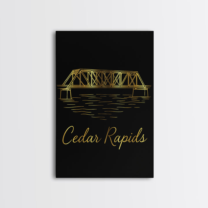 Cedar Rapids Iowa Travel Poster, Canvas Print, Gold Outline Poster Art, Cedar Rapids Wall Art, Gift For Travelers, Wanderlust Decor