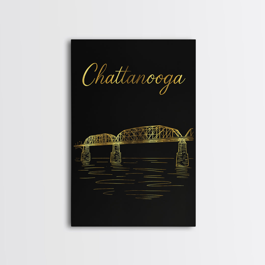 Chattanooga Tennessee Travel Poster, Canvas Print, Gold Outline Poster Art, Chattanooga Wall Art, Mid Century Wall Art, Travel Art Print