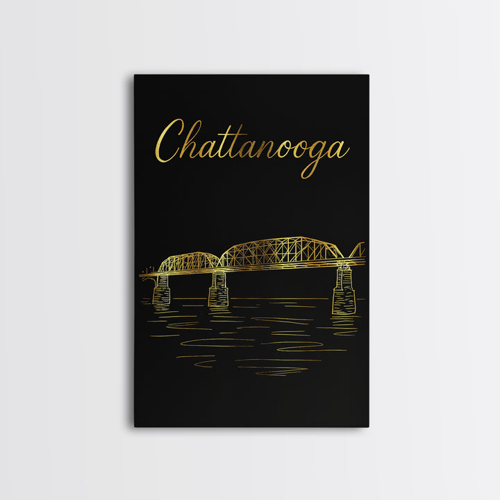 Chattanooga Tennessee Travel Poster, Canvas Print, Gold Outline Poster Art, Chattanooga Wall Art, Mid Century Wall Art, Travel Art Print